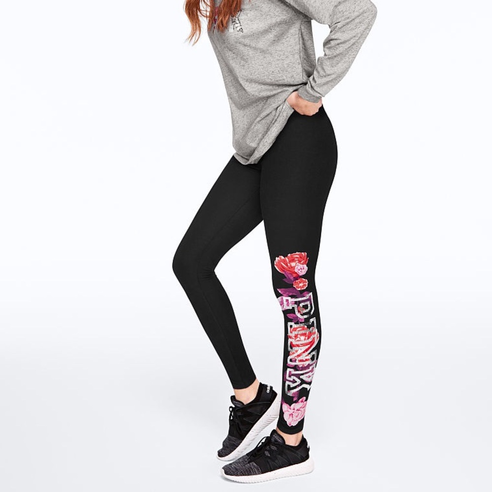 💕VS PINK DARK GREY FLORAL SILVER BLING LEGGINGS - Picture 8 of 8